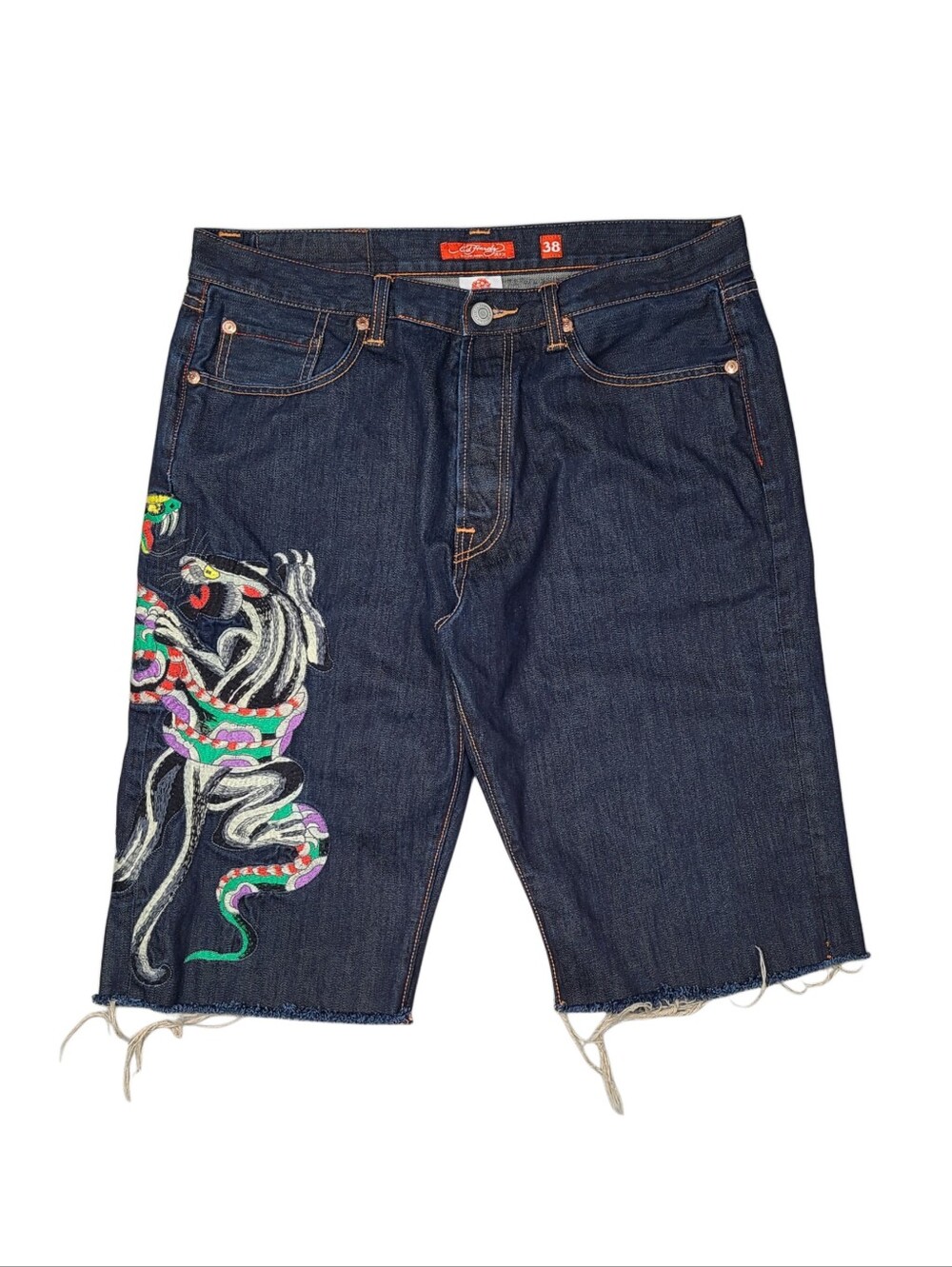 Vintage Ed Hardy Snake Panther Embroidered Denim Cut Off Jean Shorts 38 Y2K 2007